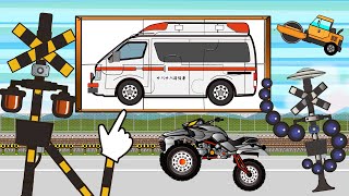 踏切アニメ モンスタートラックとパズルとスロットRailroad crossing 救急車　モンスターパトカー ロードローラ 電車 train